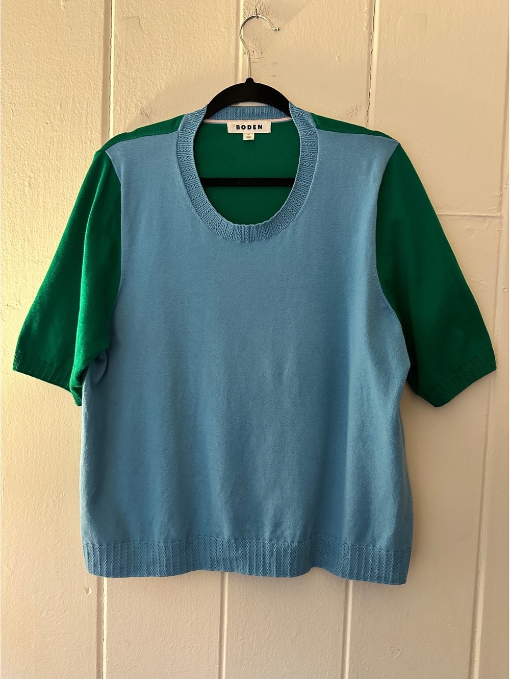Boden Emilia Colorblock Knit Sweater Top Size XL Blue Green Short Sleeve VGUC